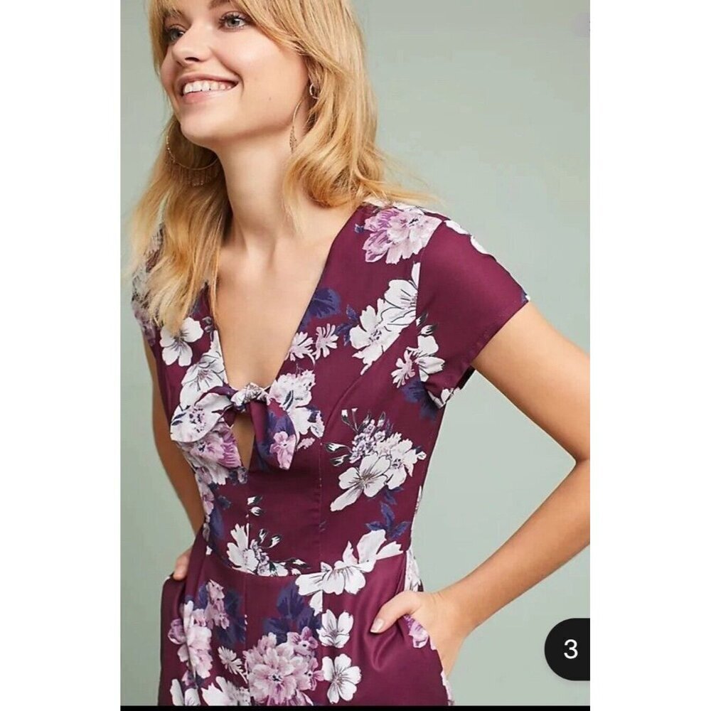 Anthropologie Yumi Kim Floral Print Cutout Jumpsuit Size M Date Night Bow Classy - Picture 2 of 16